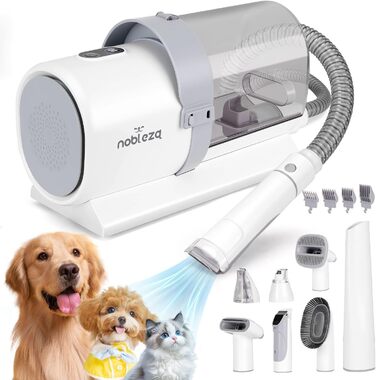 Машинка для стрижки собак Nobleza з пилососом, потужність 12000 Па, видаляє 99.99% шерсті, тиха, для собак та котів, 7 насадок, об'єм контейнера 2.5 л