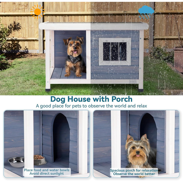 Будка для собак та котів Petsfit з масиву дерева, з балконом, терасою та вікном, утеплена, водонепроникна, для вулиці, 85x62x58 см, світло-сіра