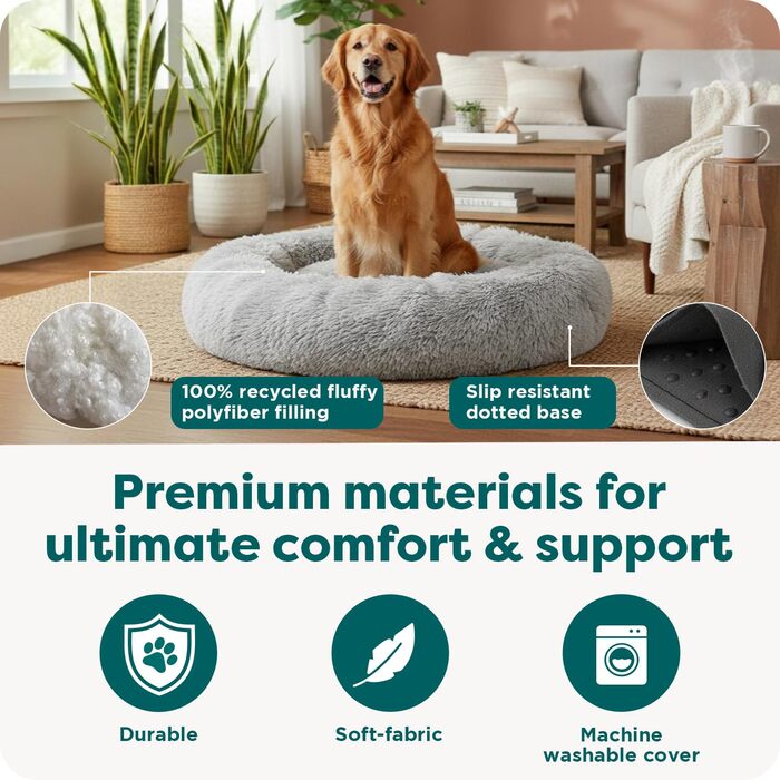 Кругла лежанка для собак Furhaven 45' XL Donut з м'якого штучного хутра, заспокоююча, знімний чохол, сірий, 114 x 114 x 23 см