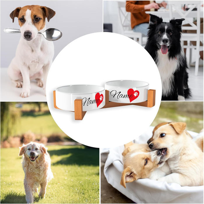 Персоналізований годівниця для собак OWLBOOK Herz з іменем, керамічний подвійний набір, бамбуковий каркас, 300 мл
