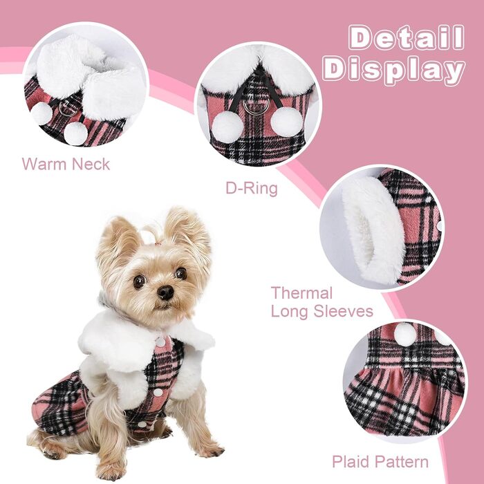Теплий зимовий пуловер для собак, фліс, розмір XXS, для дівчаток та хлопчиків, з кільцем D, картатий, теплий одяг для маленьких собак