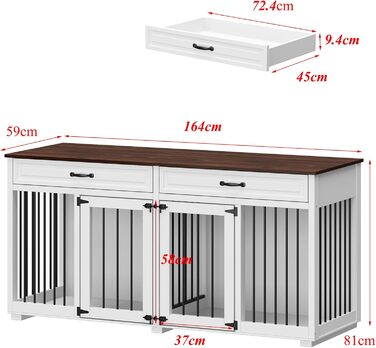 Клітка для собак з 2 ящиками та 2 дверцятами, біла та темно-коричнева, MDF, 160x60x80 см. Підходить для 2 собак
