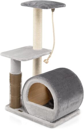 Дерев'яний кігтеточки для котів COSTWAY 92 см з печерою, бамбук, килимок, щітка, м'яч, кріплення, активний комплекс (сірий)