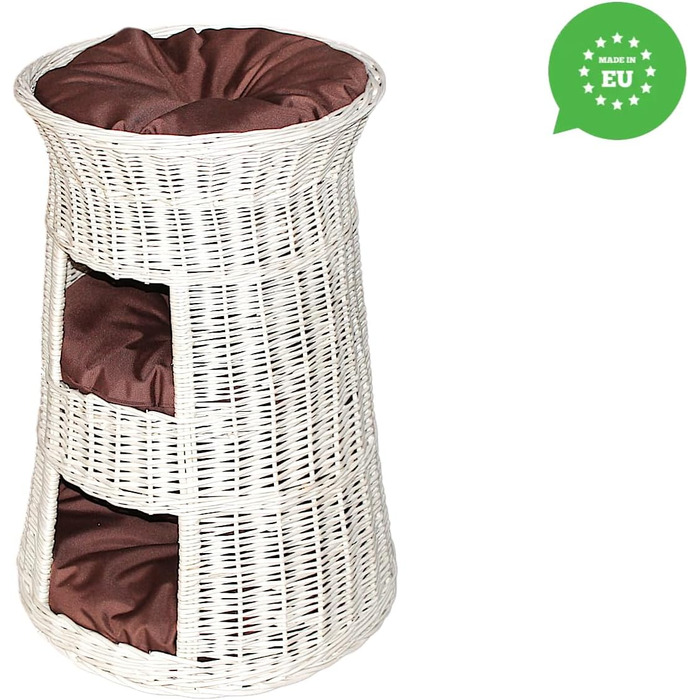 Кігтеточка-ліжко для котів: кругла хатинка з ротанга, триярусне ліжко для собак та котів, колір - білий, з коричневою подушкою