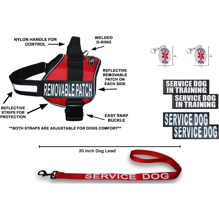 Шлея для службових собак Doggie Stylz, офіційний комплект: нашивки Service Dog + Service Dog in Training, світловідбивні, повідець 76,2 см, 2 ідентифікатори, обхват 30-42', червона