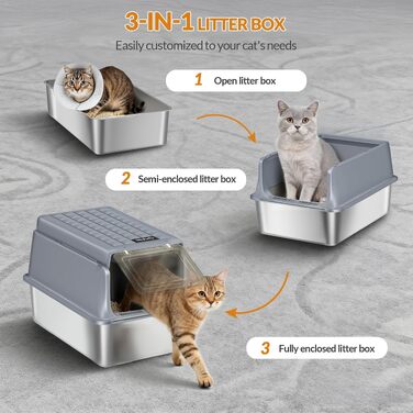 Лоток для котів з нержавіючої сталі XXL, великий туалет для котів 60x40x38,5 см, темно-сірий (набір 2 шт.)