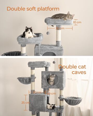Котячий дряпак FourFurPets 160 см, з платформами, будиночками, кошиками, гамаком і іграшками, світло-сірий
