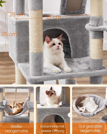 Багатоповерховий котячий будиночок Feandrea з 13 стовпчиками для дряпання, 2 платформами, 2 печерами, гамаком та іграшками, 168 см, сірий