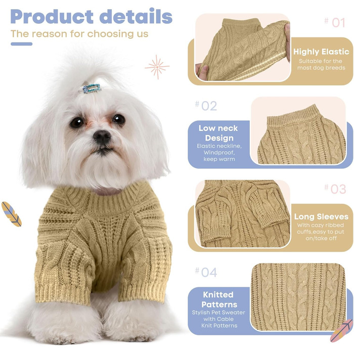 Теплий собачий светр Sanqitara, облягаючий, м'який, для маленьких та середніх собак, короткі рукави, в'язаний, колір хакі (XS)