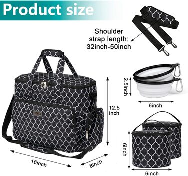 Сумка для подорожей з домашніми тваринами Baglher, велика чорна (Large, DLblack) з двома контейнерами для корму та двома силіконовими мисками
