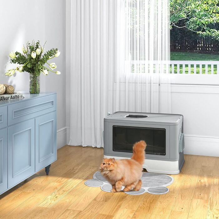 YITAHOME туалет для котів з кришкою, великий лоток для котів Hop In, без запаху, з совком для наповнювача, легке очищення, сірий