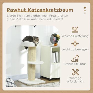 Кігтеточка для котів PawHut, 91 см, з лежаком, ігровою платформою та стовпчиком, для котів до 5 кг, сизаль і штучна овеча шерсть, кремово-біла