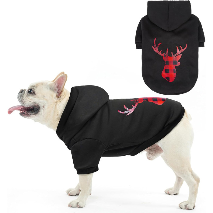 Светр для собак SCENEREAL з капюшоном, теплий фліс, для холодної погоди, костюм на Хелловін, отвір для повідка, розмір S (M, чорний, принт 'Олень')