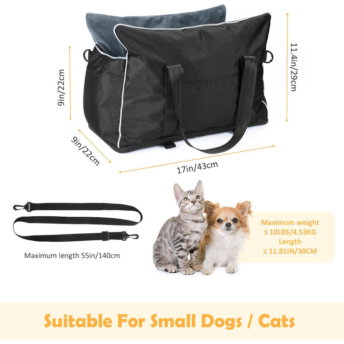 Автокрісло для собак та котів, середньорозмірне, знімний, миючий, з хутром, для цуценят, м'яке та тепле, S (Чорний, Маленький)