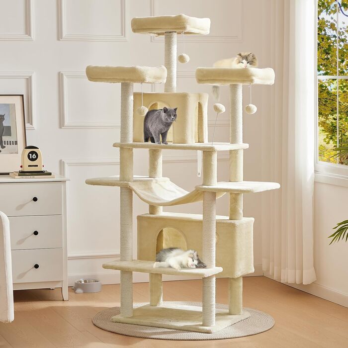 MSmask Котячий будиночок-когтеточка великий, 194 см, XXL, з 3 платформами, 2 печерами, сизалевими стовпами, гамаком, когтеточкою з рампою