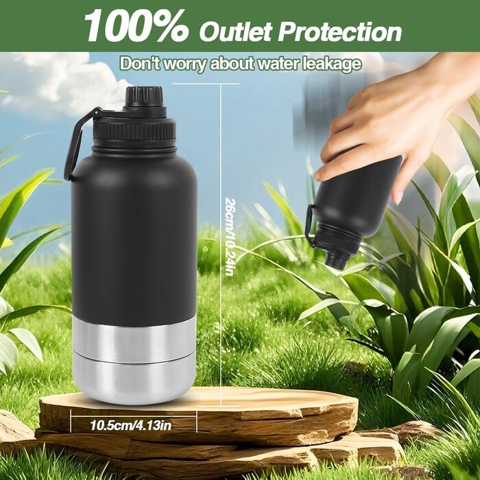 Водяна пляшка для собак на прогулянці, 950 мл, з мискою, ізольована, нержавіюча сталь, для подорожей та активного відпочинку