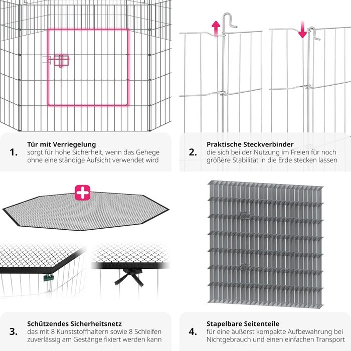 Вольєр Tectake® з захисним сітком, секційна огорожа, розкладна та розширювана, для дрібних тварин, кроликів, як загородження для собак, собачий вольєр, для цуценят, вольєр для кроликів, вуличний вольєр, діаметр 145 см, чорний