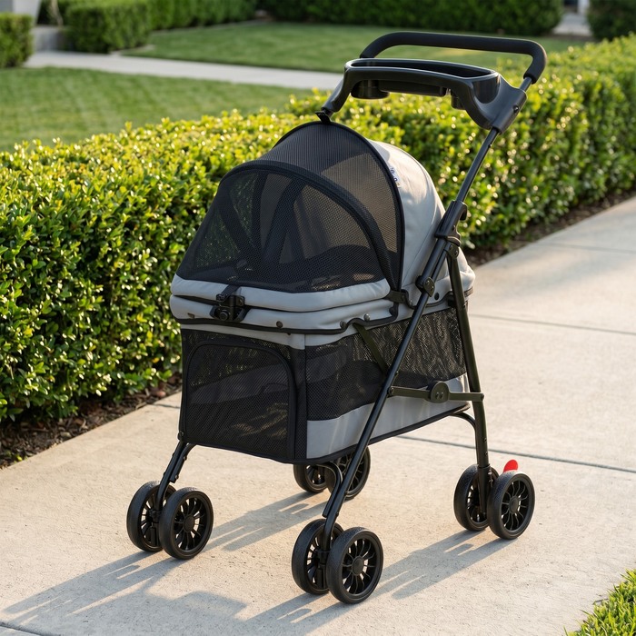 Складаний візок для собак (buggy) з подушкою, сітчастими вікнами та підстаканником, колеса 360°, для малих собак до 10 кг, сірий