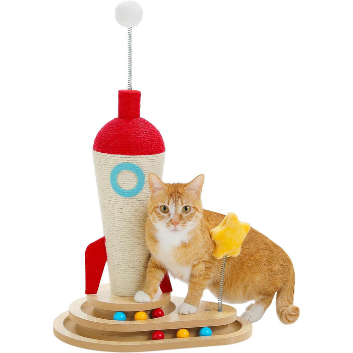 Інтерактивна іграшка для котів PETEPELA з подряпальним стовпчиком у формі ракети, кулькова траса, пір'їнка, з масиву дерева, багатофункціональна