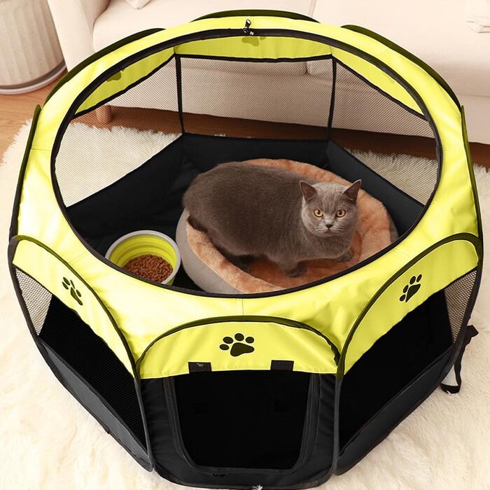 Клітка-забіг для цуценят та тварин, 74x74x43 см. Клітка-вольєр для собак, котів, кроликів та дрібних тварин для використання в приміщенні та на вулиці (жовта, восьмикутна)