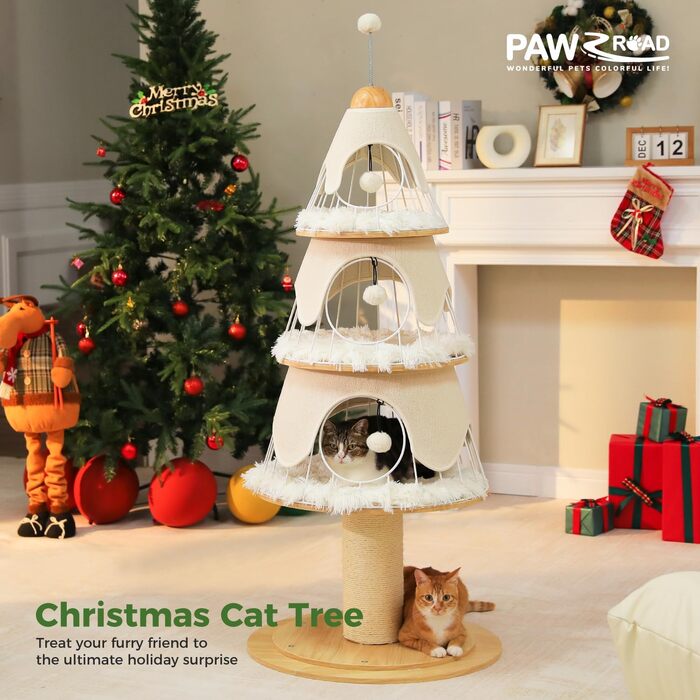 Ігровий комплекс для котів PAWZ Road Weihnachtskatzenbaum, 130 см, котяче дерево з сизалевою дряпочкою та 3 великими будиночками, білий