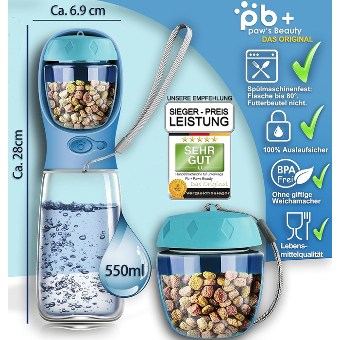 Набір з 2 шт. для собак: велика складана пляшка для води 550 мл + щітка для зубів | Без витоку | Преміум якість