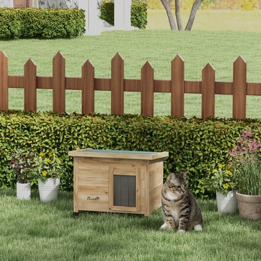 Дерев'яний будинок для котів PawHut, вулична будка з жовтою шторкою, жовтий