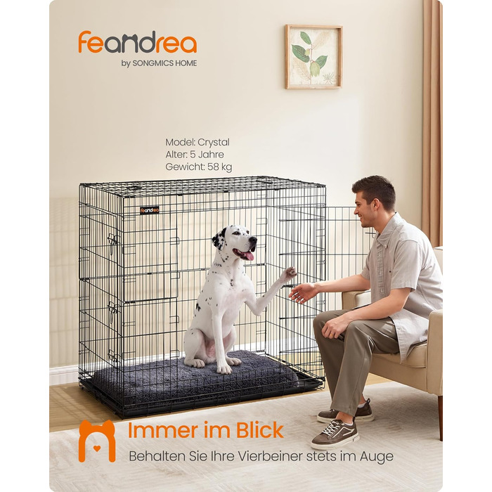 Клітка для собак Feandrea, розкладна, з 2 дверцятами, висувна миска, 122 x 74 x 114 см, XXL, чорна