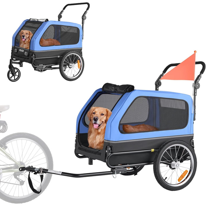 Причіп для собак VEVOR до 40 кг, 2-в-1, для маленьких та великих собак, з розкладним каркасом, універсальний з'єднувач, з прапорцем, внутрішній поводок, 1380x755x800 мм