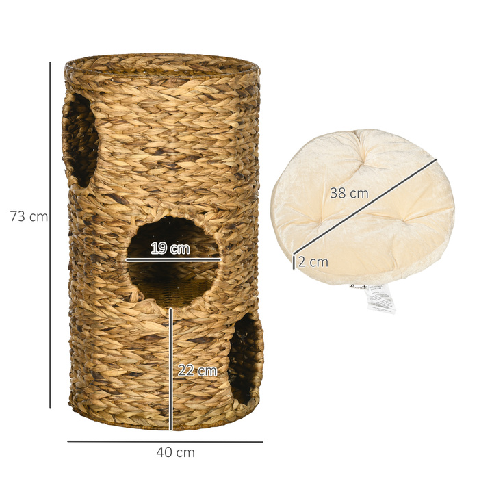 PawHut Scratching Barrel Cat Tower 73см 3 яруси з водяним гіацинтом та сталевою подушкою, світло-коричневий для любителів кішок