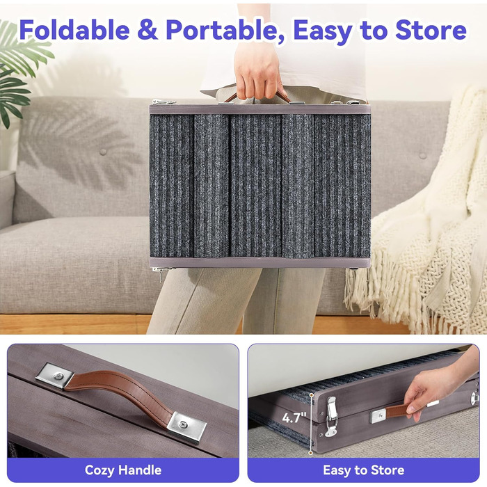 Рампа для собак Pawaboo, складана, дерев'яна, регульована висота (13.6'-21'), для маленьких собак та котів, з антиковзною поверхнею, для ліжка/дивану, сіро-фіолетовий