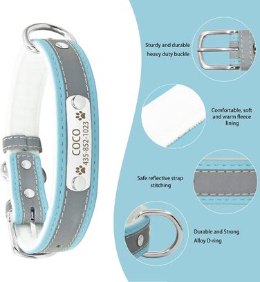 Іменний світловідбиваючий нашийник та поводок для собак та котів Senristar, блакитний комплект. Персоналізований нашийник з гравіюванням, XS (ширина 1,5 см, обхват шиї 19-25 см)