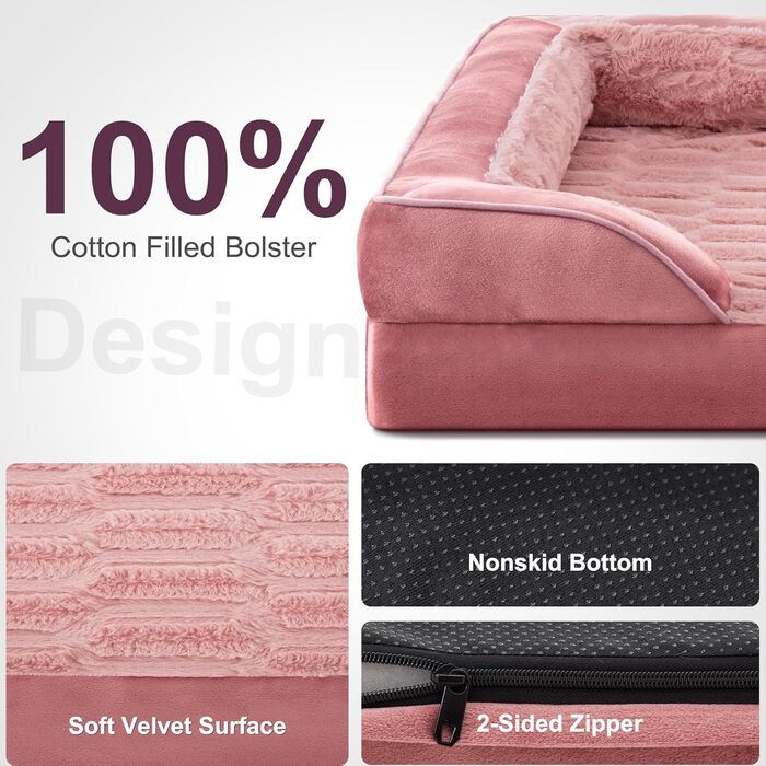 Ортопедичне ліжко для собак великих порід FURTIME, рожеве, 89x64x17 см. Зручне, з підтримкою, знімний чохол