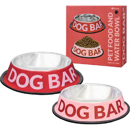 Набір мисок для собак Fisura 'Dog bar' з нержавіючої сталі. Миска для корму 500 мл та миска для води 1000 мл. Антиковзкі миски для собак у рожевому та червоному кольорах. Оригінальний набір для домашніх тварин.