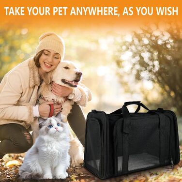 Транспортна сумка для тварин: складана переноска для кота та собаки, легка переноска з плечовим ременем, дихаюча переноска для подорожей та авто (чорна)