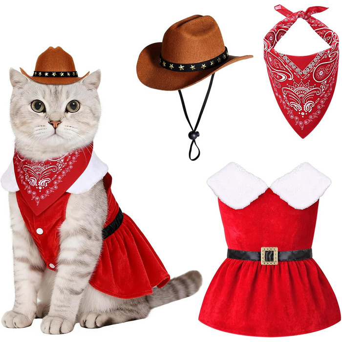 Костюм ковбоя для домашніх тварин: одяг для собак та котів, набір з костюмом, банданою та міні-ковбойським капелюхом, червоний, розмір M