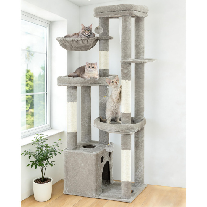 Комплекс для котів Kratzbaum XL 170 см: Дряпка-стовп, будиночок, платформа, гамак - Сірий котячий будинок