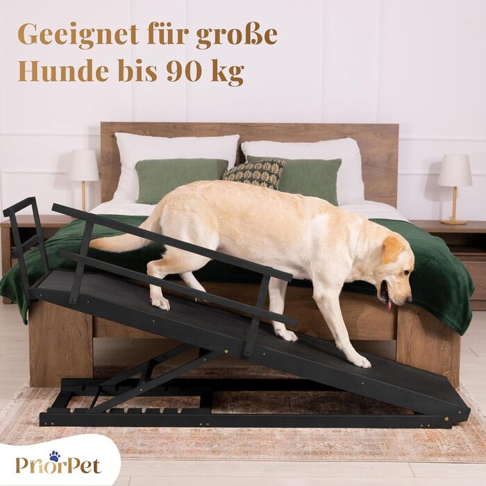 Східці для собак до ліжка з захисним бар'єром - для великих собак до 90 кг - регульована висота до 94.5 см - ширина 49.5 см - складані - антиковзні ручки - береза - натуральний колір (чорний)