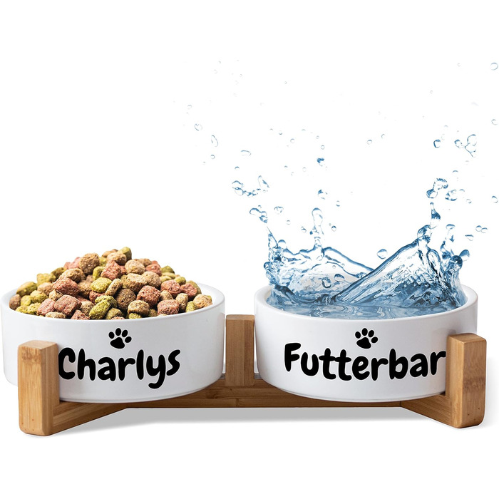 Керамічний двомісний набір мисок з іменем для собак та котів - персоналізований набір мисок з/без підставки | Миска для собак, миска для котів, годівниця для тварин | великі та маленькі чотирилапі | 2x 500мл, з підставкою