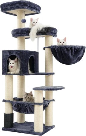 Кігтеточка XXL для мейн-куна, 168 см, з гамаком, сизаловим стовпом (φ11 см), коморою, корзиною, 2 платформами, EMPJ01M (димно-сірий)