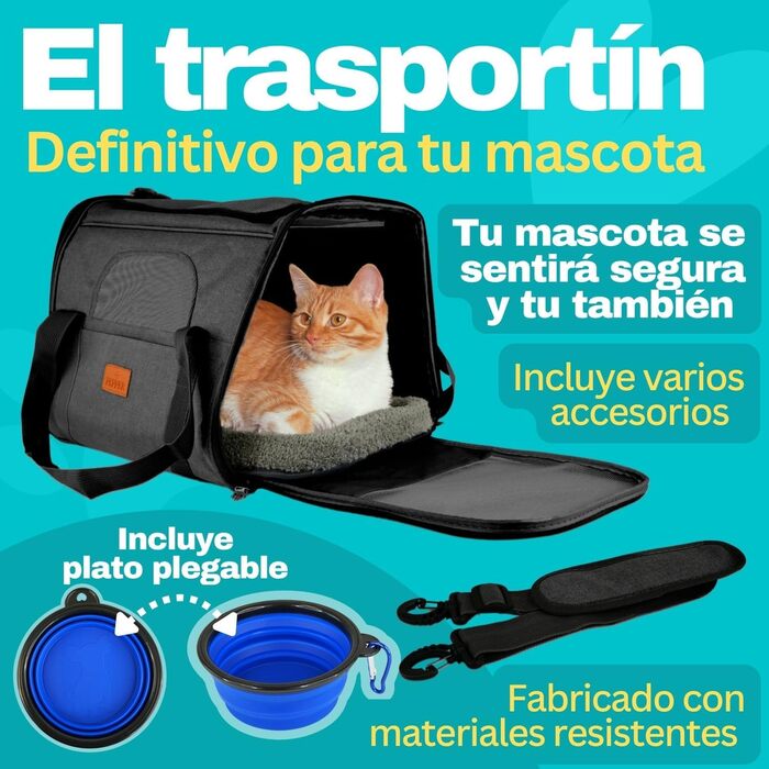 Транспортна переноска для собак та котів PEPPER, 46x35x31 см, з поїльником, подушкою та мискою для води | Переноска для тварин з вентиляцією 360° | Чорна переноска для кота та собаки