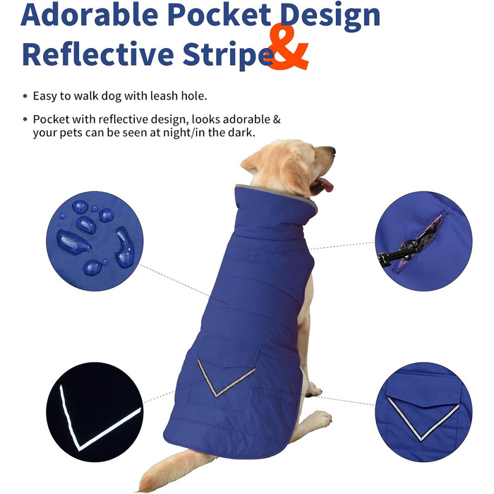 Зимовий теплий одяг для собак: куртка з кишенею та світловідбиваючими смугами, для цуценят та собак великих розмірів (3XL), блакитний