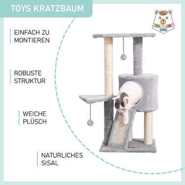 Дряпак для котів PATAM з натурального сизалю з котячою печерою та рампою, посилена основа та легка збірка – висота 83,5 см, іграшки Бежевий (Світло-сірий)