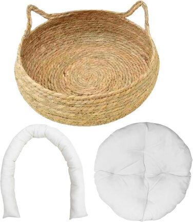 Кігтеточка-ліжко для котів з соломи та м'яким подушкою, 43 см, зручне ліжко для кошенят, ліжко для котів + біле подушко + об'ємні подушки