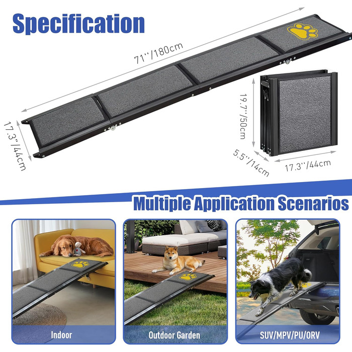 Рампа для собак BACOENG 180 см, автоматичне складання, з антиковзким килимком, для автомобілів, вантажівок та SUV