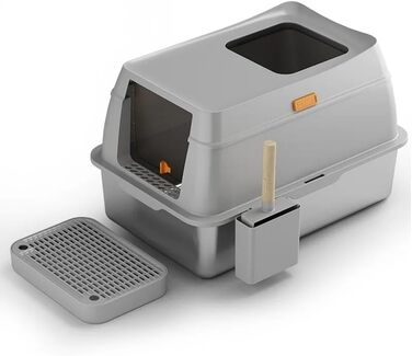 Лоток для котів BingoPaw з кришкою: нержавіюча сталь, XXL, великий лоток з двома фільтрами, високий борт, антивитік, сірий