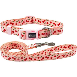 Нашийник та поводок для собак Olahibi з милим вишневим візерунком, поліестер, 1,5 м, для великих собак (L, рожева вишня) L комплект