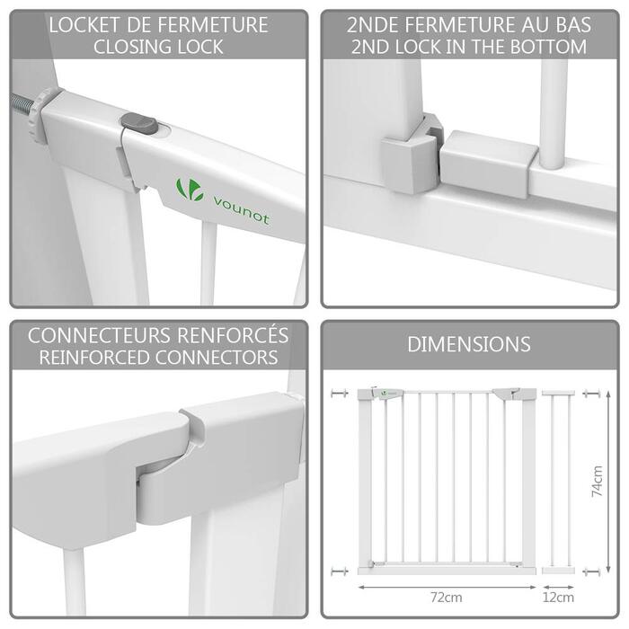 Захист для сходів Vounot без свердління, 76-108 см, для дітей, собак та котів, автоматичне закриття, магнітний замок, 90° стоп, білий