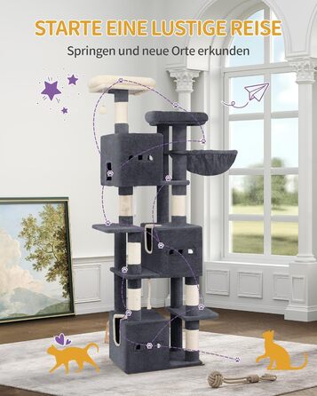 Великий котячий будиночок-кліматизатор, 193 см, XXL, з 7 стовпчиками для шліфування, 3 будиночками, 2 платформами, 2 плюшевими кульками, корзиною, мотузкою для лазіння, багатоповерховий, MS19218LG (темно-сірий)