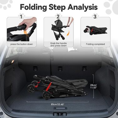 Складаний візок для тварин та дітей з колесами на 360°, кошиком для зберігання, міцним металевим каркасом та дихаючими сітковими віконцями – портативний переносник для котів та собак до 22 кг, чорний